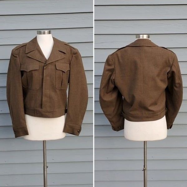 Vintage 40s 1946 American Military OD Olive Drab Cropped Bolero Wool Jacket Md