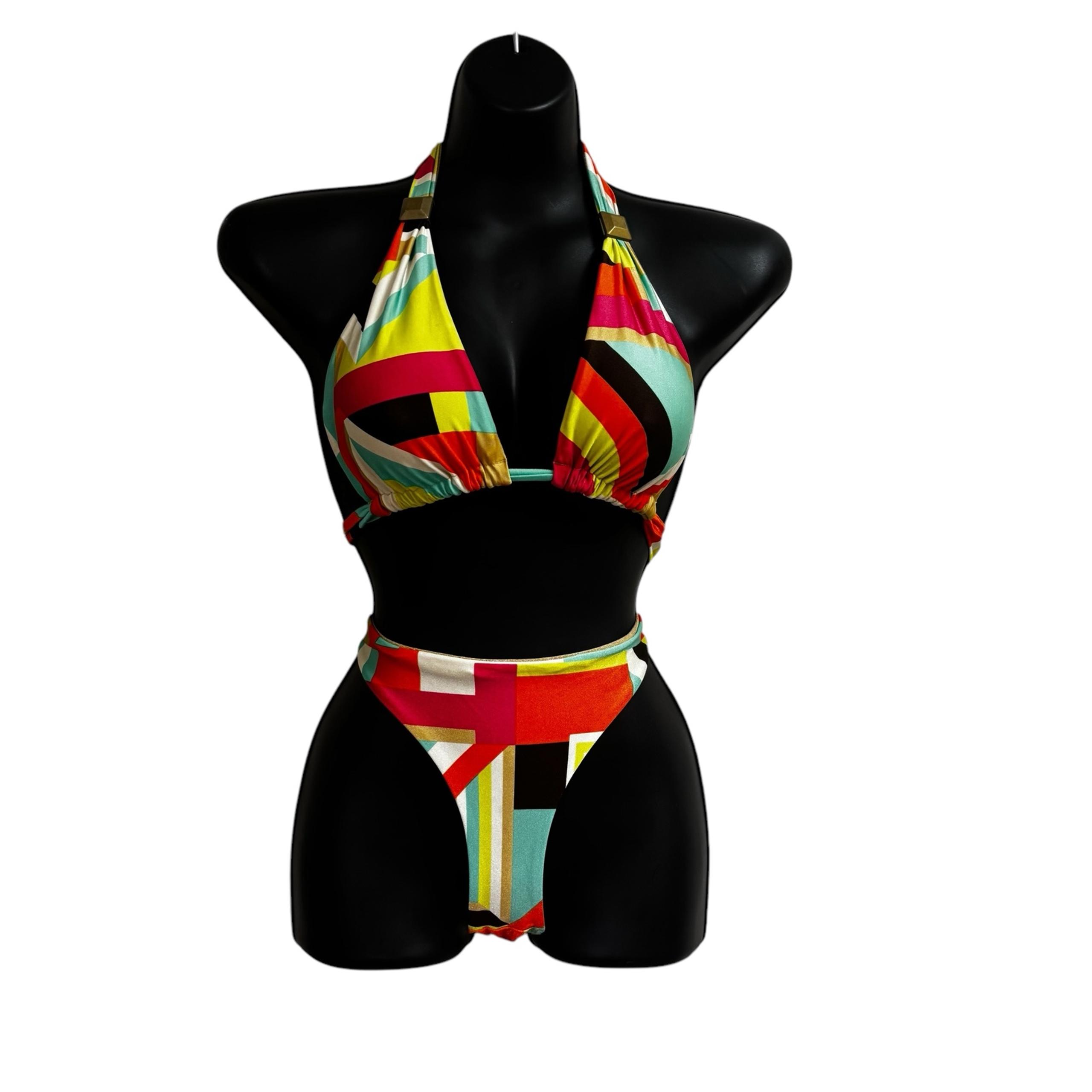 Vitamin A Women's L Large Triangle Halter Bikini Set Geometric Print Gold Sheen
