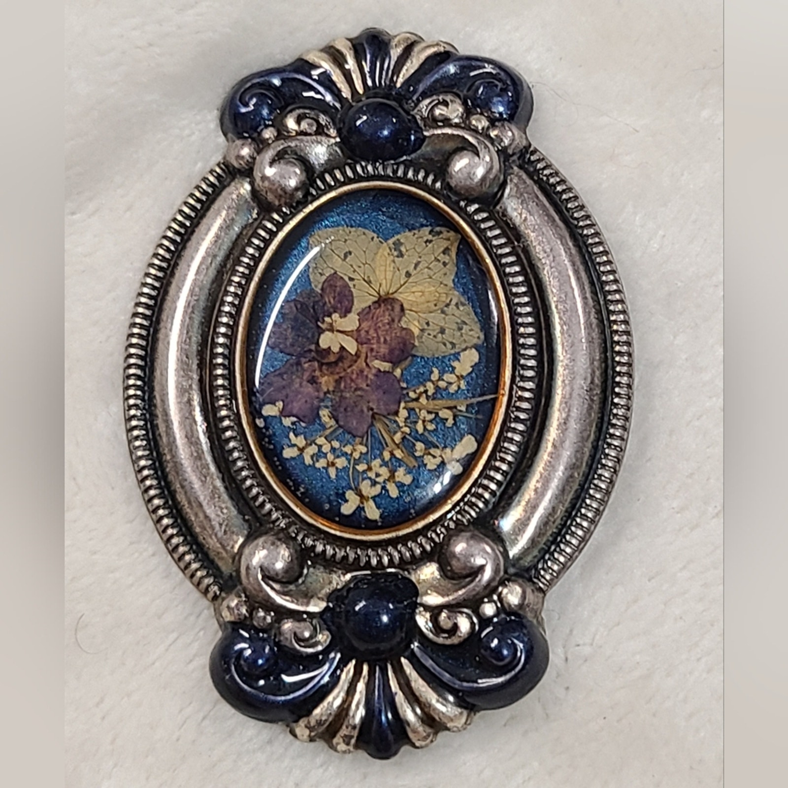 Antique Trombone Clasp Pressed Flower Brooch