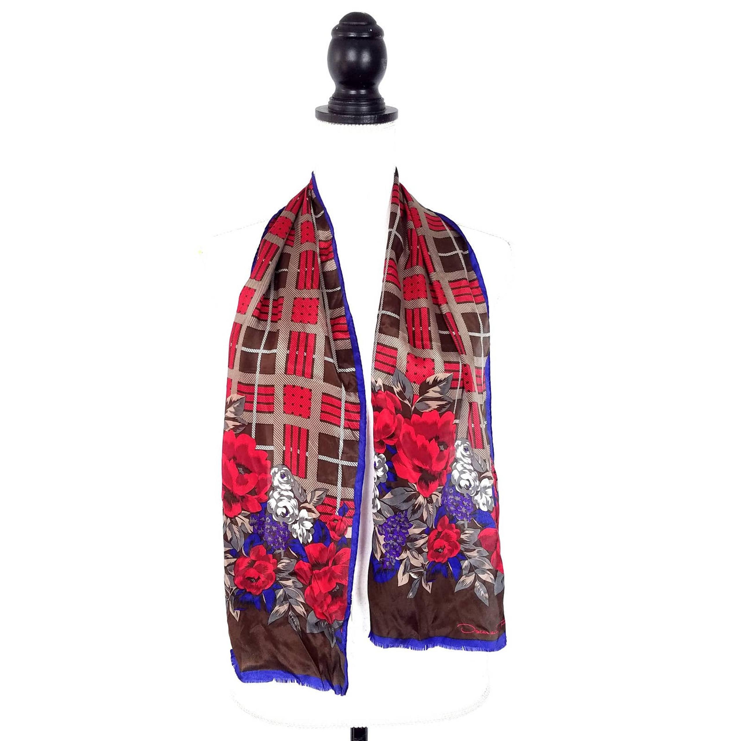 Oscar de la Renta 100% Silk Oblong Rectangular Long Floral Plaid Scarf