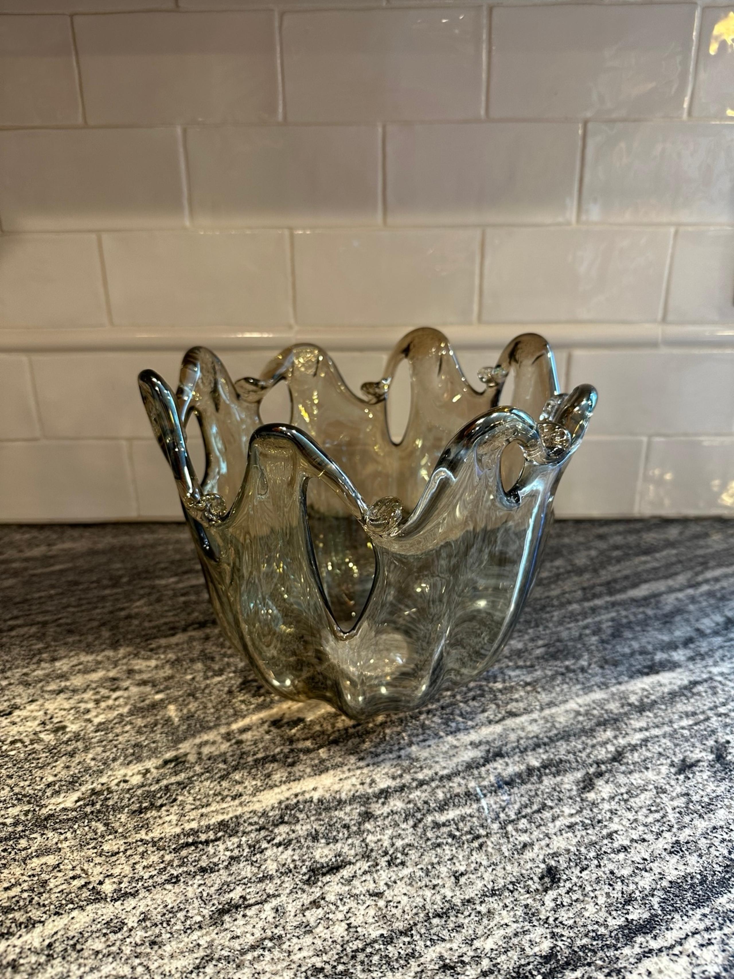 MURANO ART GLASS FREE FORM SPLASH CLEAR SMOKE GRAY BOWL HANDMADE ITALY