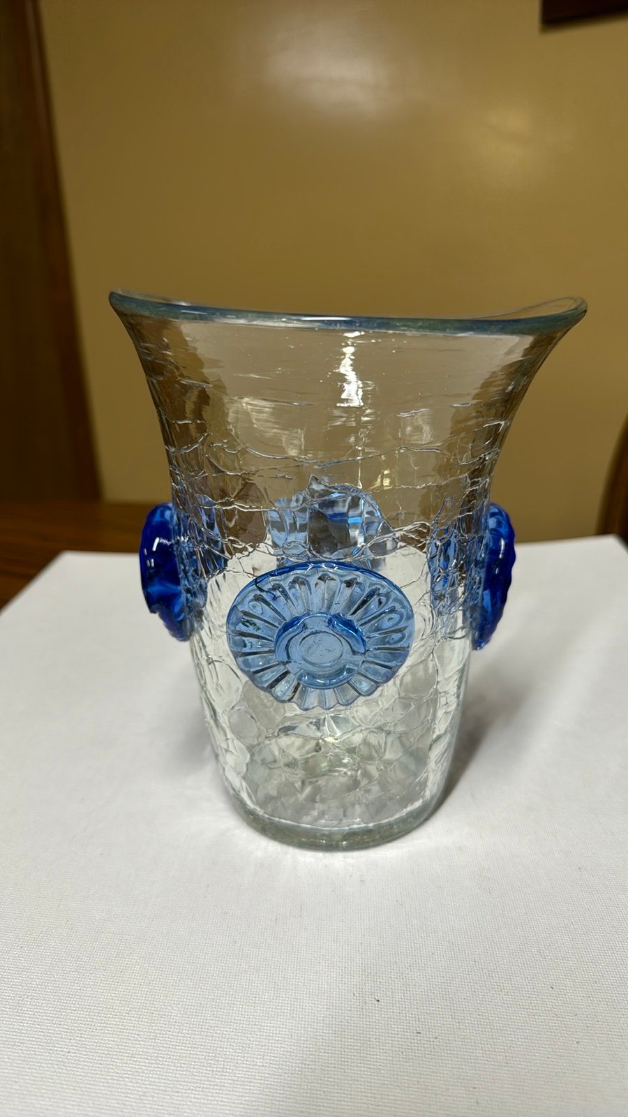 Blenko 439 Crackle Vase With Applied Blue Rosettes 7 1/4
