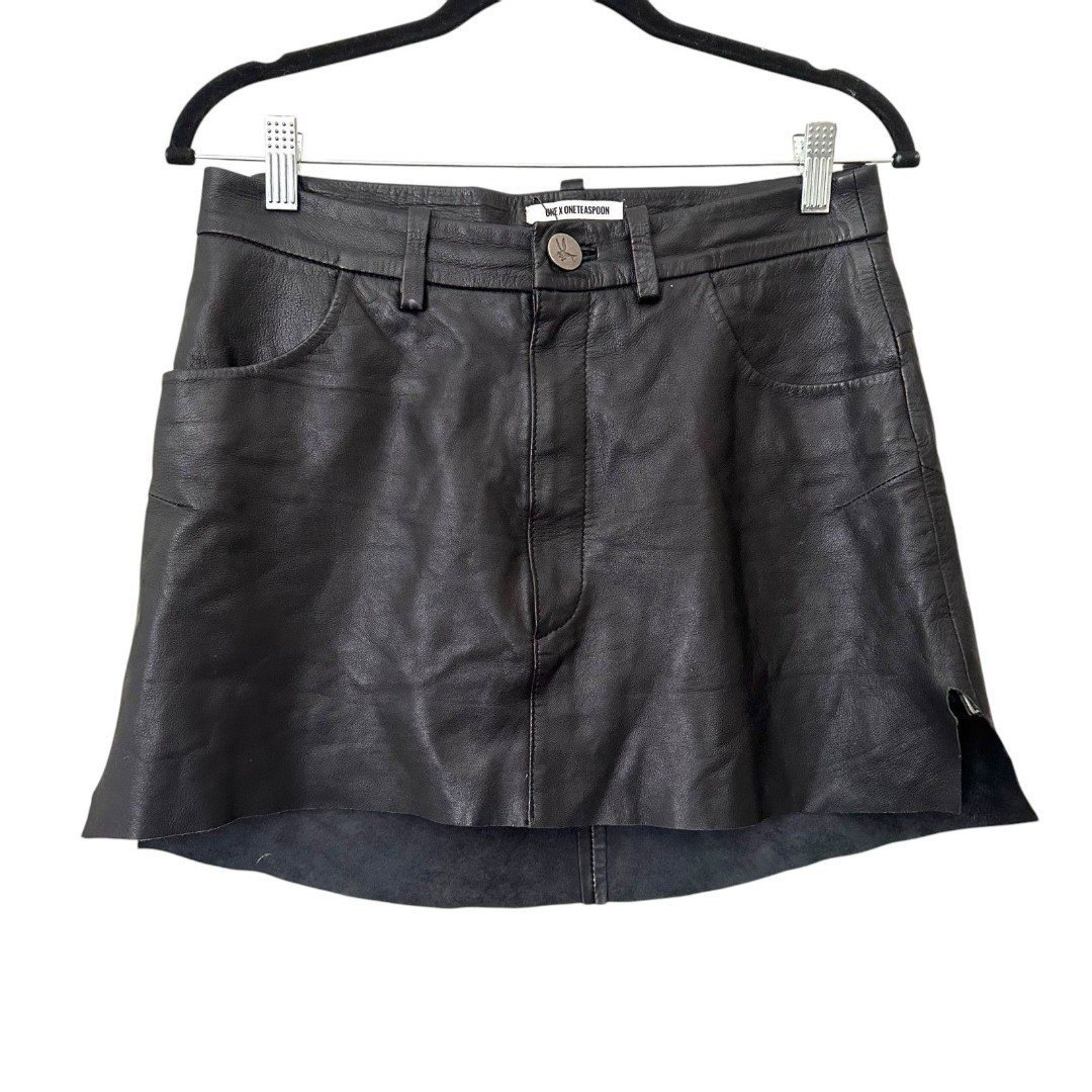 ONE TEASPOON Leather Cutoff Mini Skirt Black Small