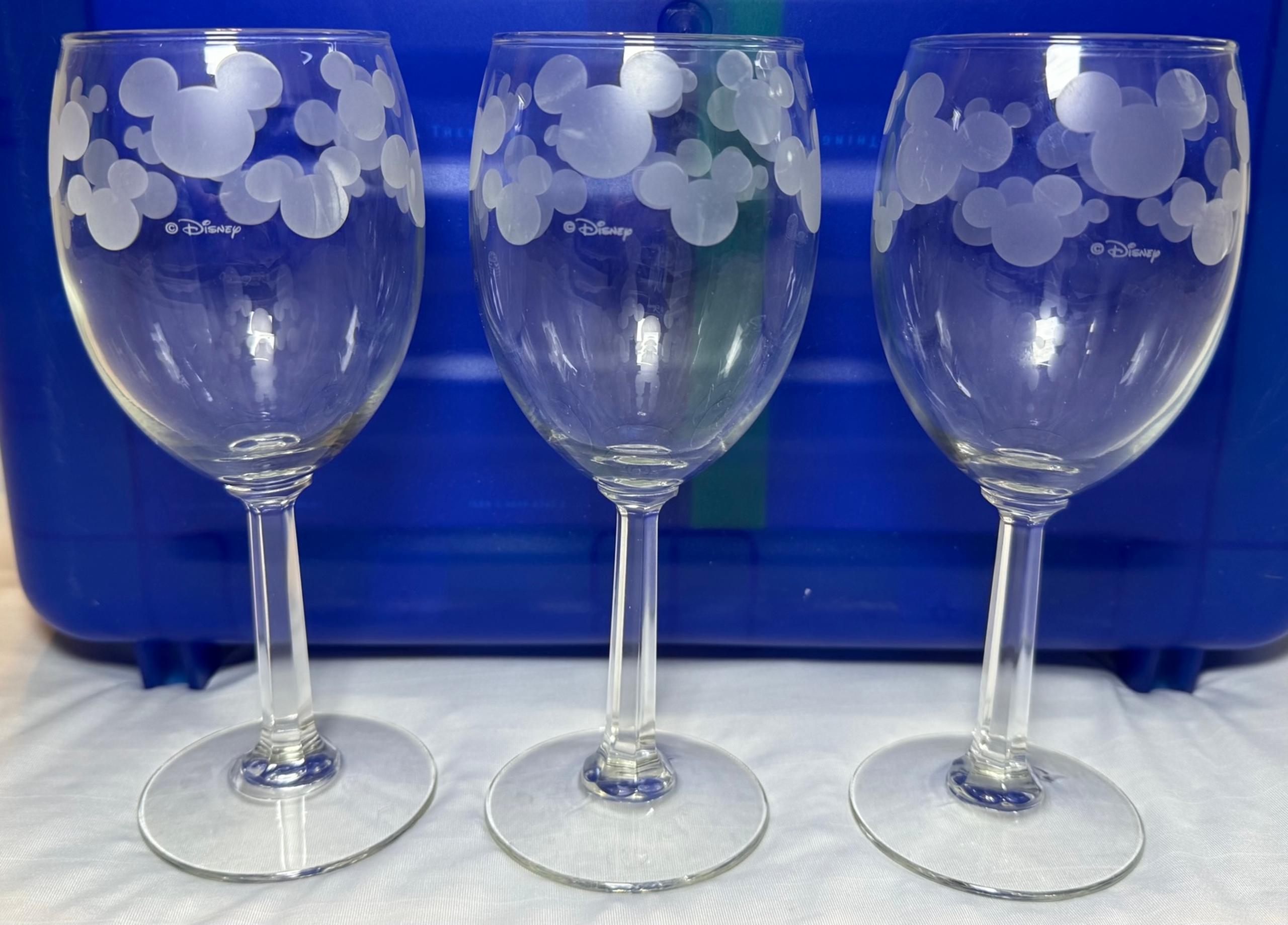 Disney Mickey Mouse Ears Etched  Wine Glasses Set Of 3