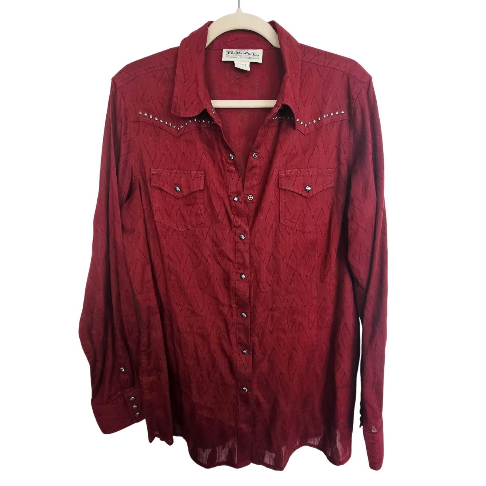 Ariat Real Western Shirt Red Snap Front Long Sleeve Studded Women XL Collared