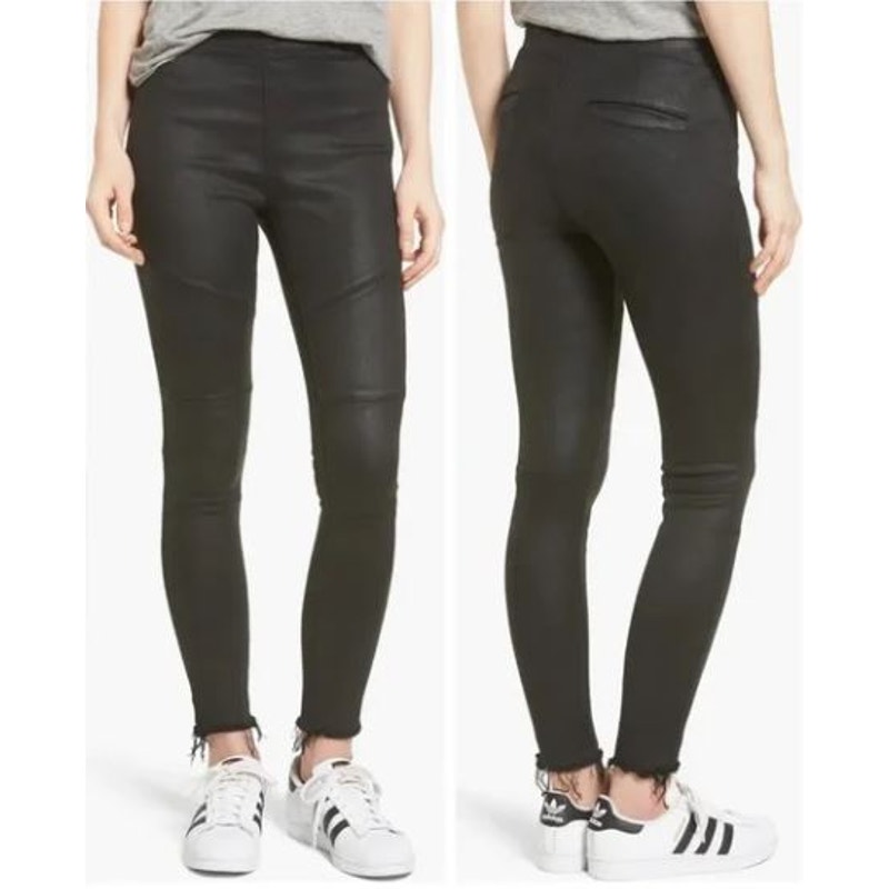 DL1961 Haven High Rise Coated Black Raw Hem Skinny Leggings 28