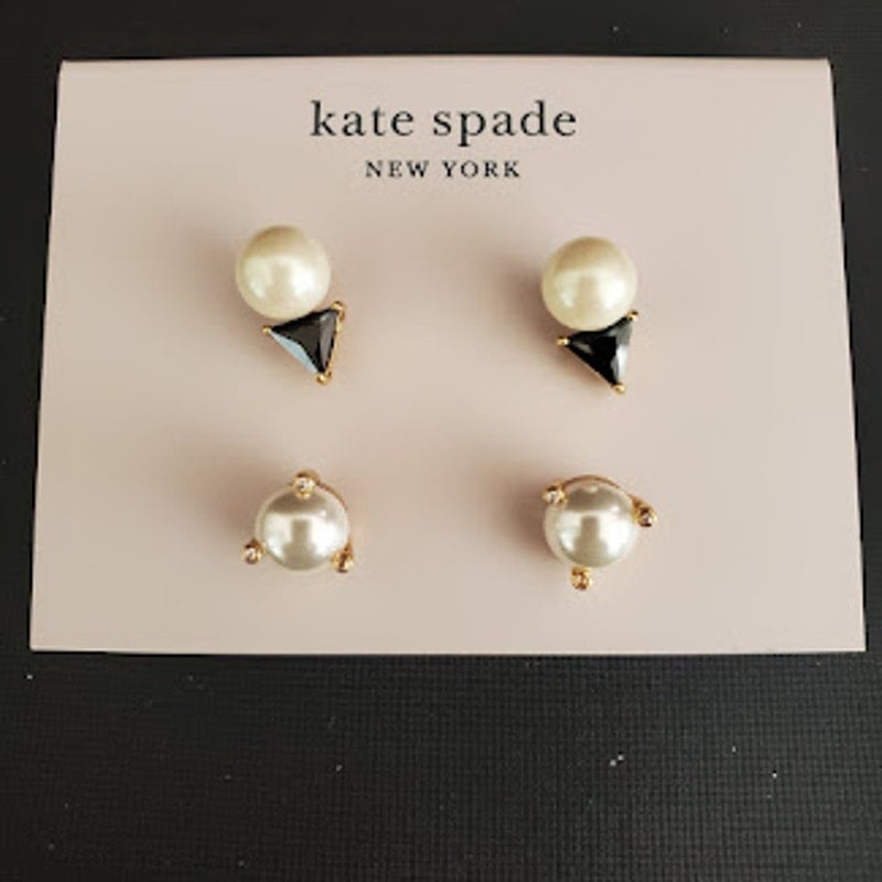 Kate Spade Two Pair Bundle Faux Pearl Earrings in Gold Tone Setting NWT on Card