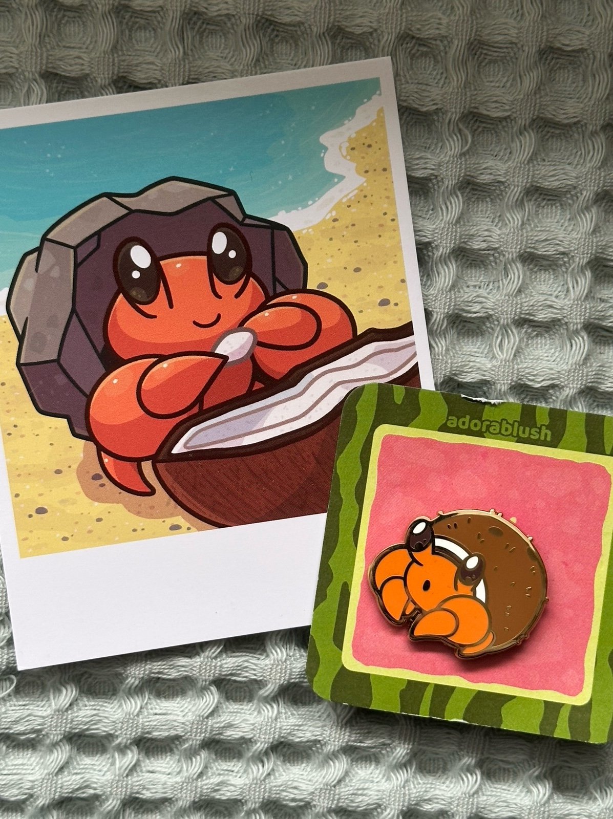 Adorablush Dwebble crab Pokemon with coconut enamel pin