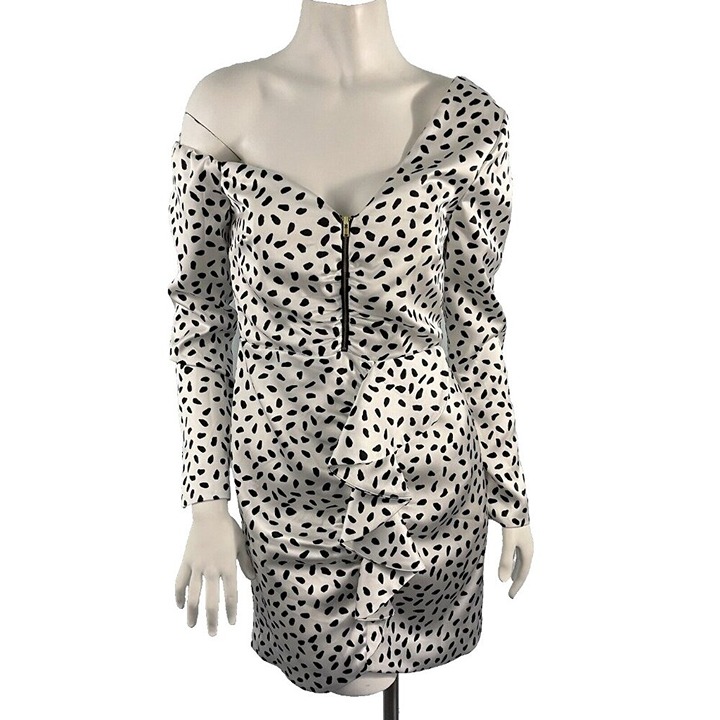 Self Portrait Printed Ruffled Long Sleeve Mini Dress UK 8 - US 4 White / Black