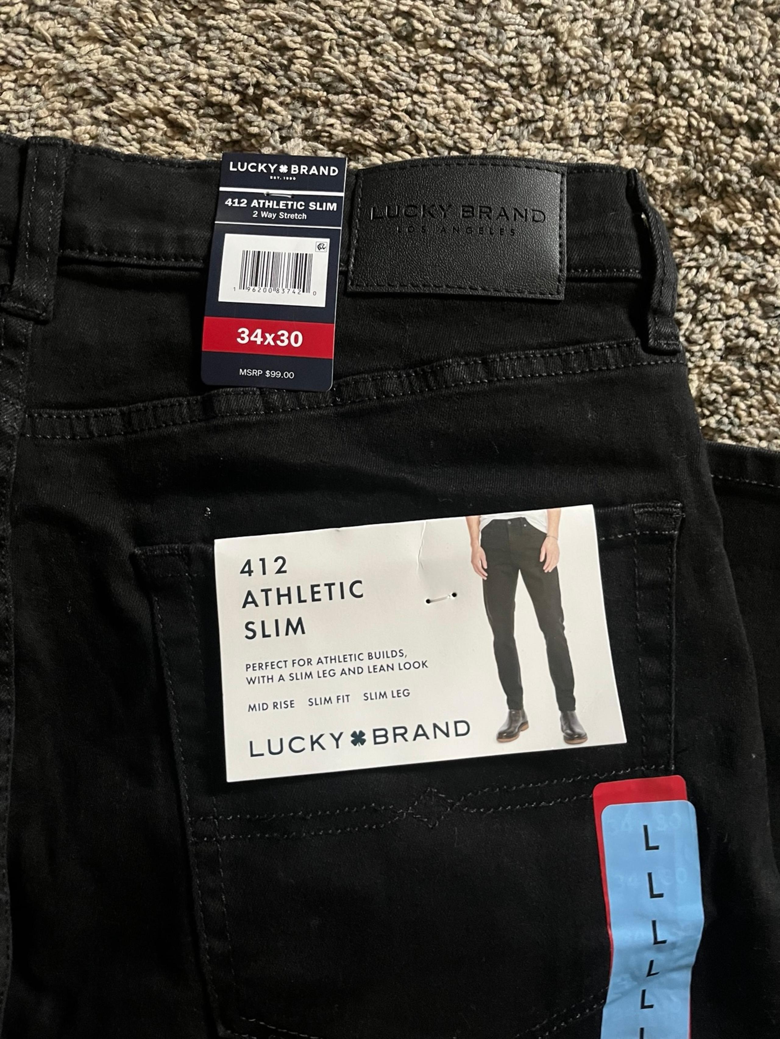 Lucky Brand 412 Mens Athletic Slim Jeans 32X30 Black Dark Wash Stretch Denim NEW