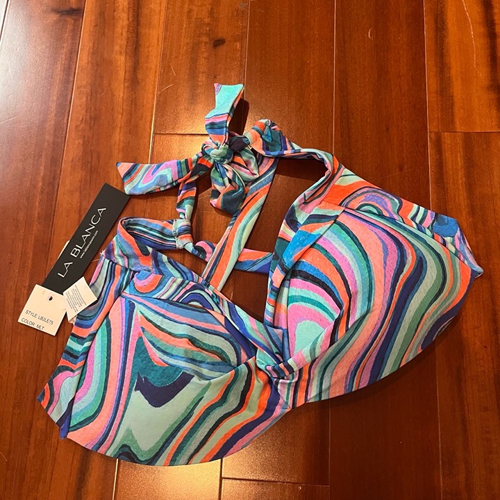 New NWT La Blanca Push Up Bikini Top Swim Blue Multi Swirl Pattern Size 16
