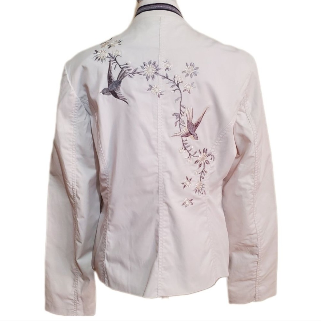 Luxe Eleven white cotton gray floral bird embroidered windbreaker jacket L NWT