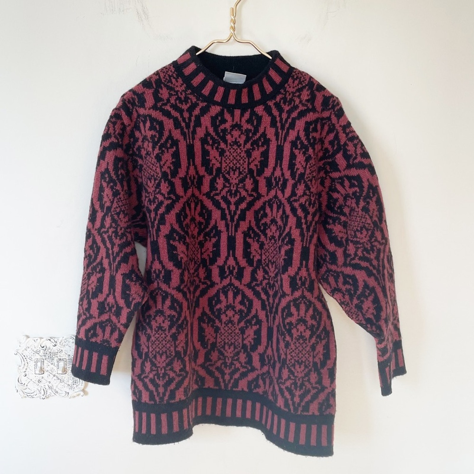 Vintage Laura Ashley Burgundy and Black Damask Wool Sweater S/M