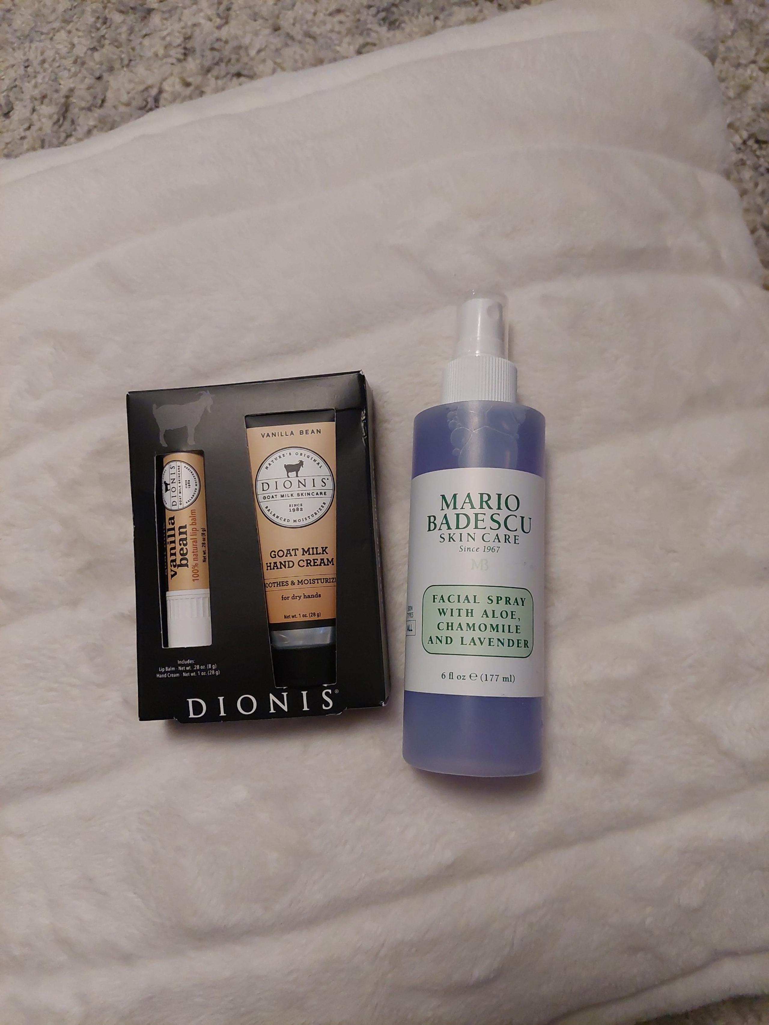 Bundle, Mario Badesco Facial Spray & Dionis Goat Milk Hand Cream And Lip Balm.