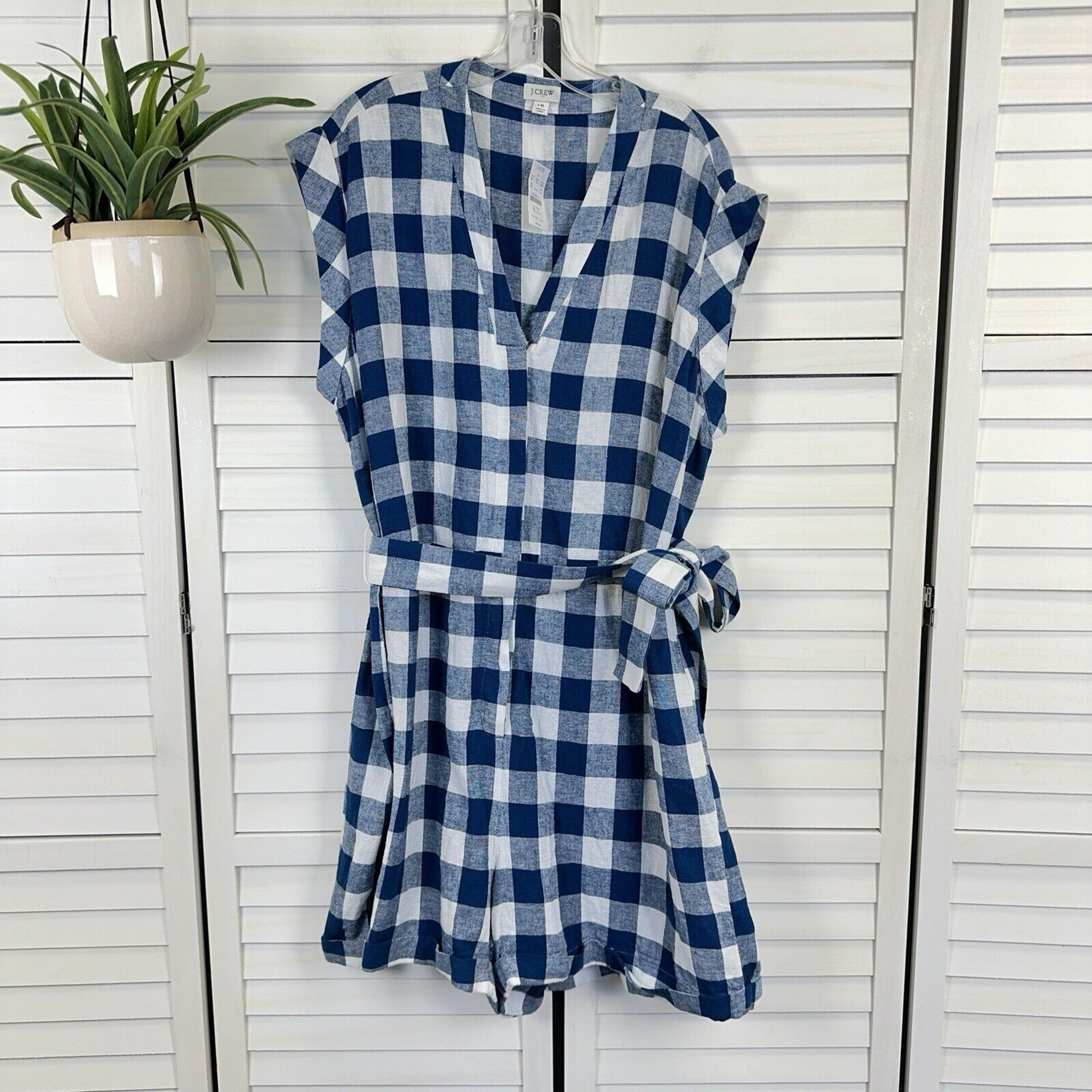 New J Crew Factory Linen Blend Tie Waist Romper Blue White Gingham Check Size 16