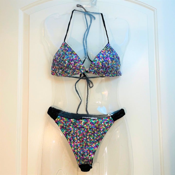 Vintage Spring Sequin Bra & Thong Set, M