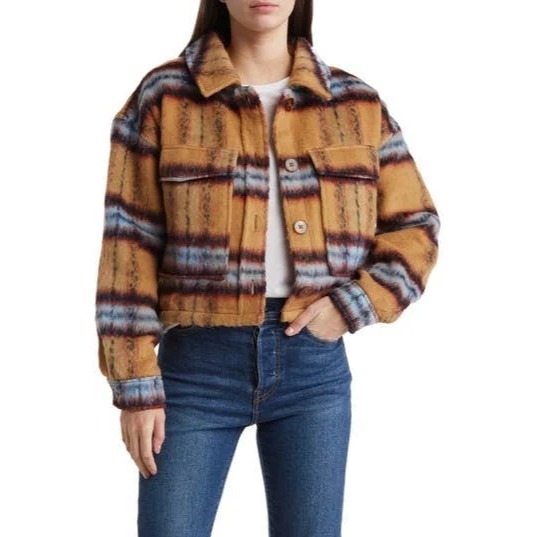 Vigoss M Brushed Plaid Crop Jacket Faux Fur Aztec Western Shacket Chest Pocket