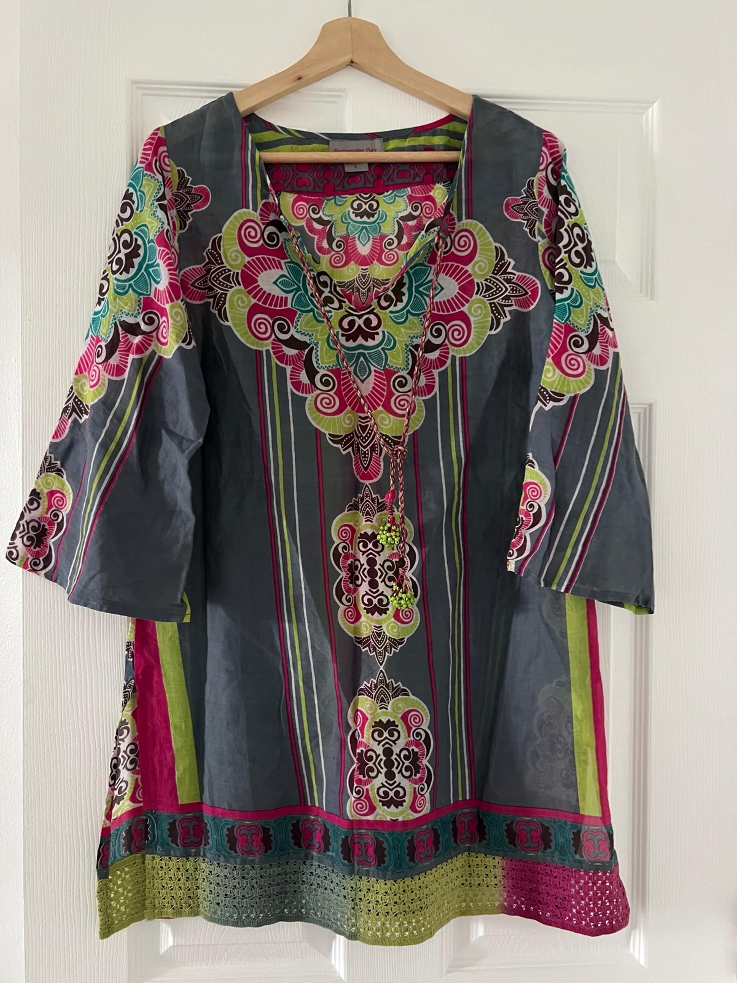PEPPERMINT BAY WOMEN tunic top cotton gray multi floral beaded tassels size smal