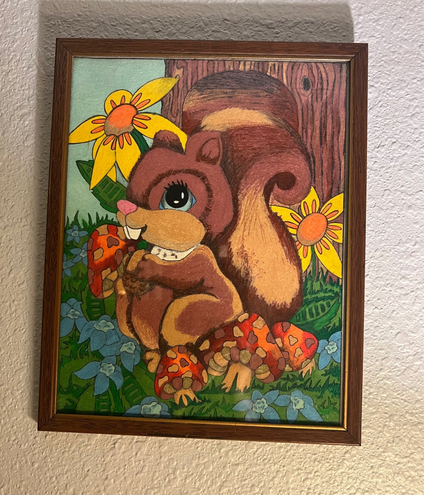 Pencil Drawing 11.5”x 14.5” Print Squirrel Mushrooms 70s Orange Yellow Vintage