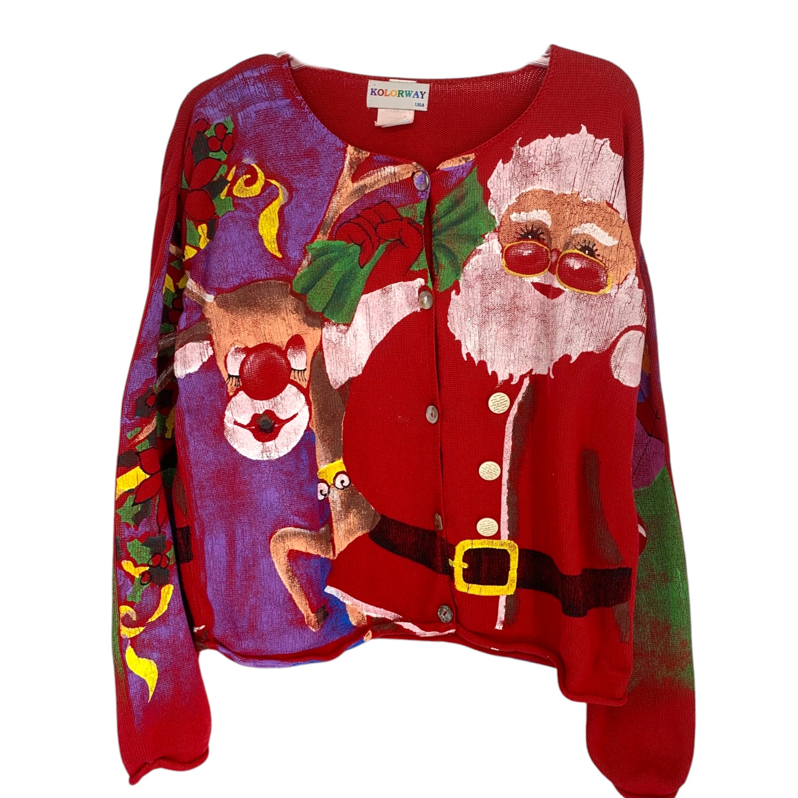 Vintage Kolorway Sz M Hand Painted Christmas Sweater Cardigan Santa Rudolph