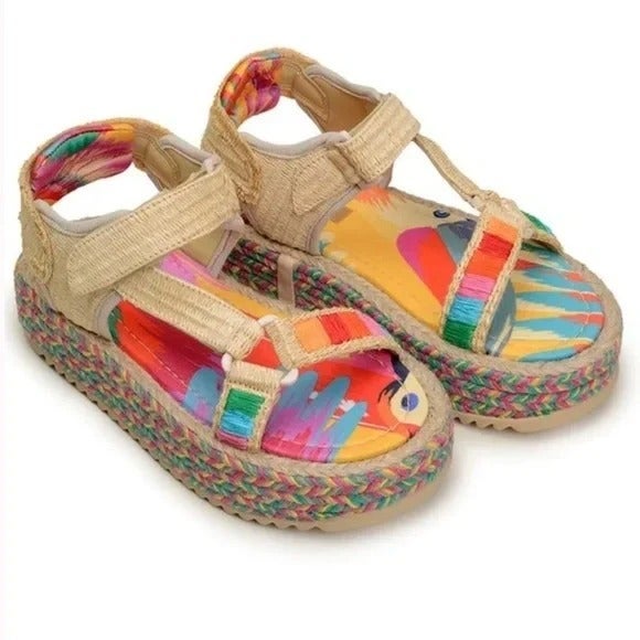 NEW FARM Rio Colorful Toucans Flatform Raffia Velcro Sandal, size 10