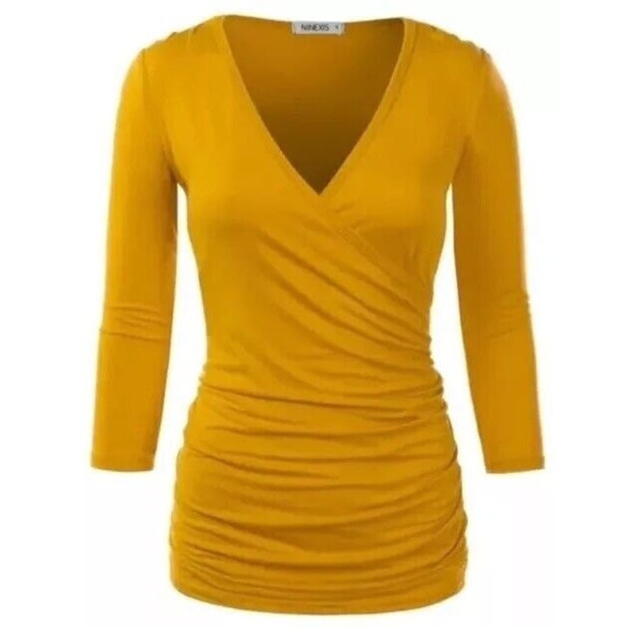 Doublju Women's V Neck Twist Knot Ruched Empire Waist Slimming Tunic Blouse L