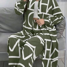 Woman Geometric Print Long Shirt Dress with wide Leg Pants with Pockets SIZE 0XL
