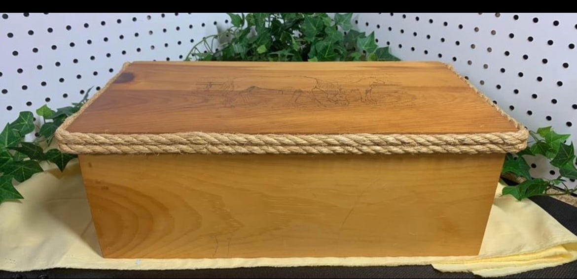 Vintage Wooden Box Carved Hose and Foal on Top Wrapped in Rope