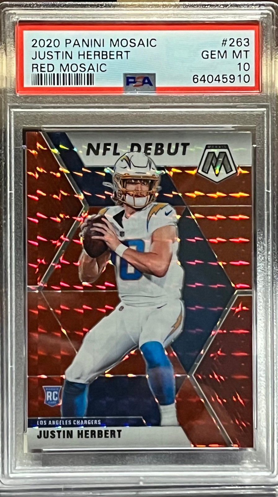 2020 Panini - Mosaic Football: JUSTIN HERBERT RED PRIZM RC# 263, PSA 10 GEM MT