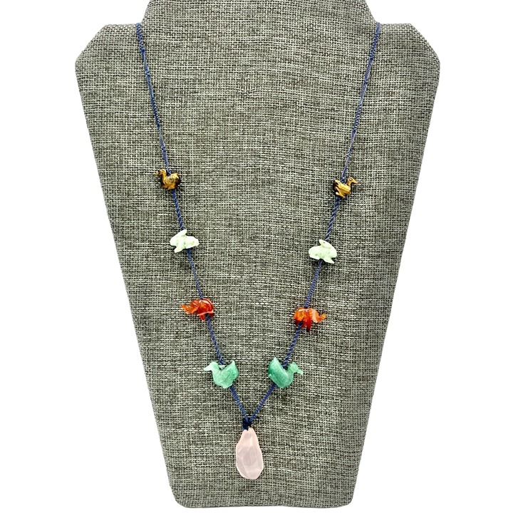 Cord Fetish Necklace 28 in Precious Gemstone Animals Rose Quartz Pendant #3939