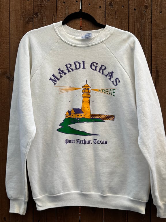 Vintage Mardi Gras Port Arthur Texas crewneck on Hanes Activewear tag