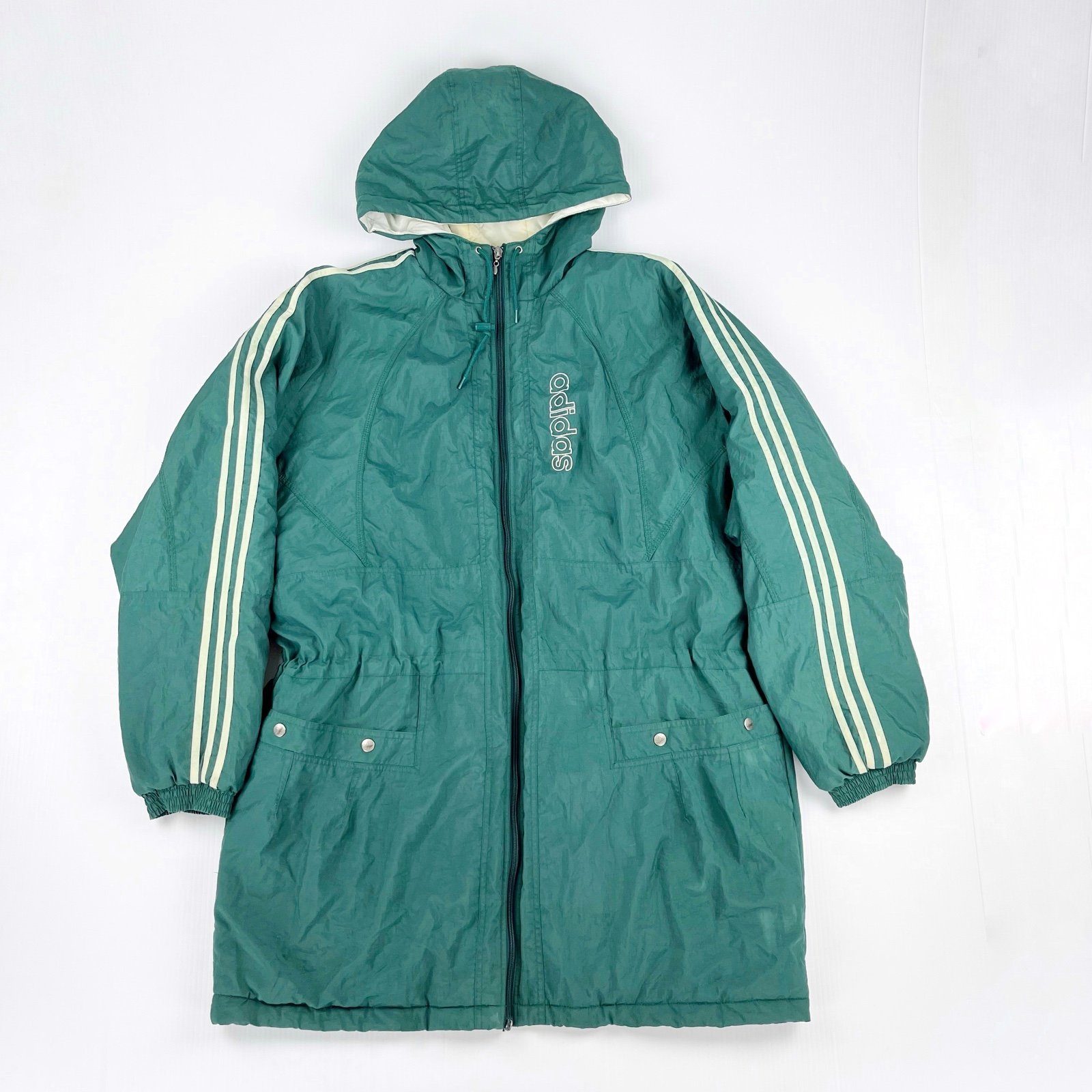 Vintage Adidas Green Nylon Full Zip Quilt Lined Hooded Three Stripe Jacket Top
