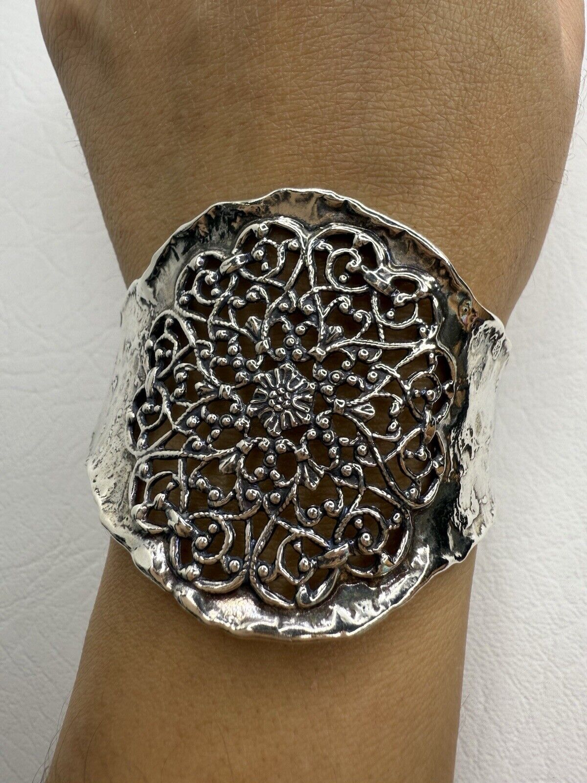 ISRAEL Or Paz 925 Sterling Silver Filigree Flower Cuff Bracelet