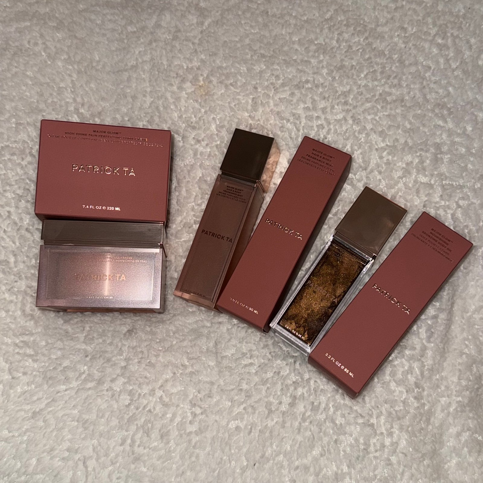 3 SET Patrick Ta Bronzing Body Oil, Body Cream & Fragrance Mist NEW Full Size