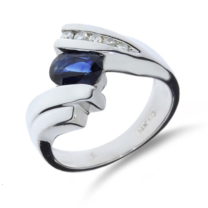 14K White Gold Tension Set 1.10ct Blue Sapphire & Natural Diamond Bypass Ring