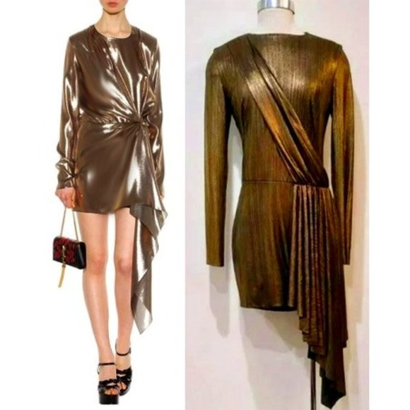 SPECTACULARGold Asymmetrical Draped Mini Cocktail Dress