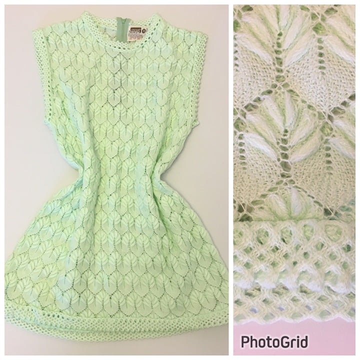 Vintage 70s Sleeveless Open Knit Green Blouse Pastel Long Top Tunic Granny (T9)