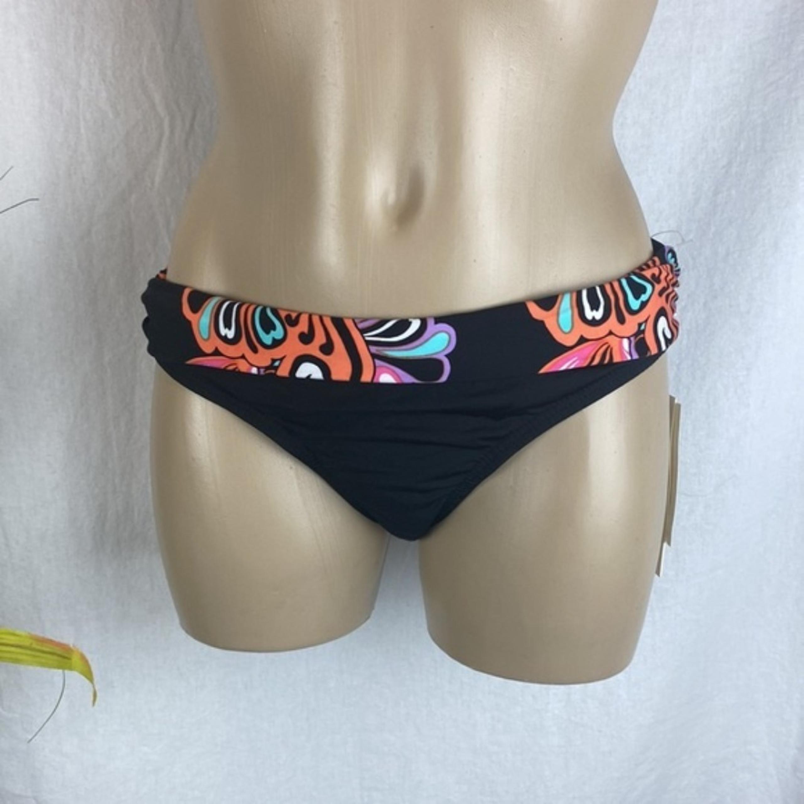 Kenneth Cole Black Floral Foldover Waistband Bikini Swim Bathing Suit NEW S