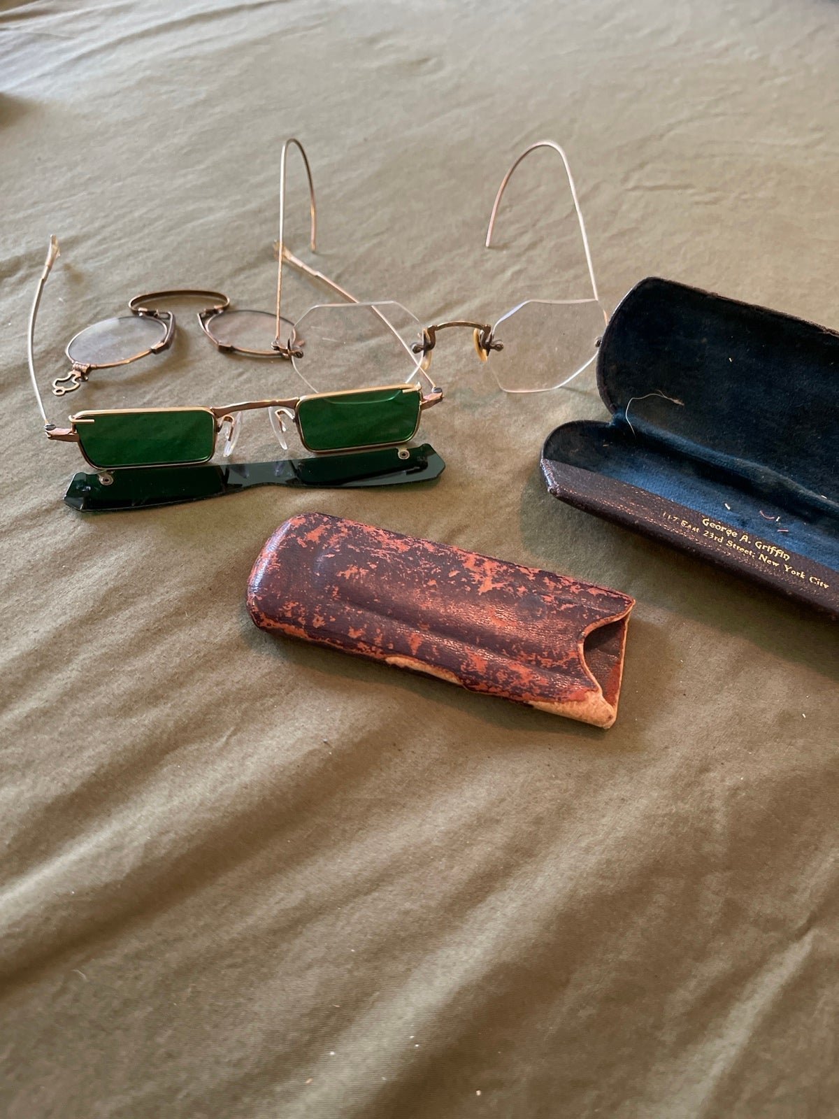 3 UNUSUAL ANTIQUE EYEGLASSES octagon lenses, lornette, rare sunglasses
