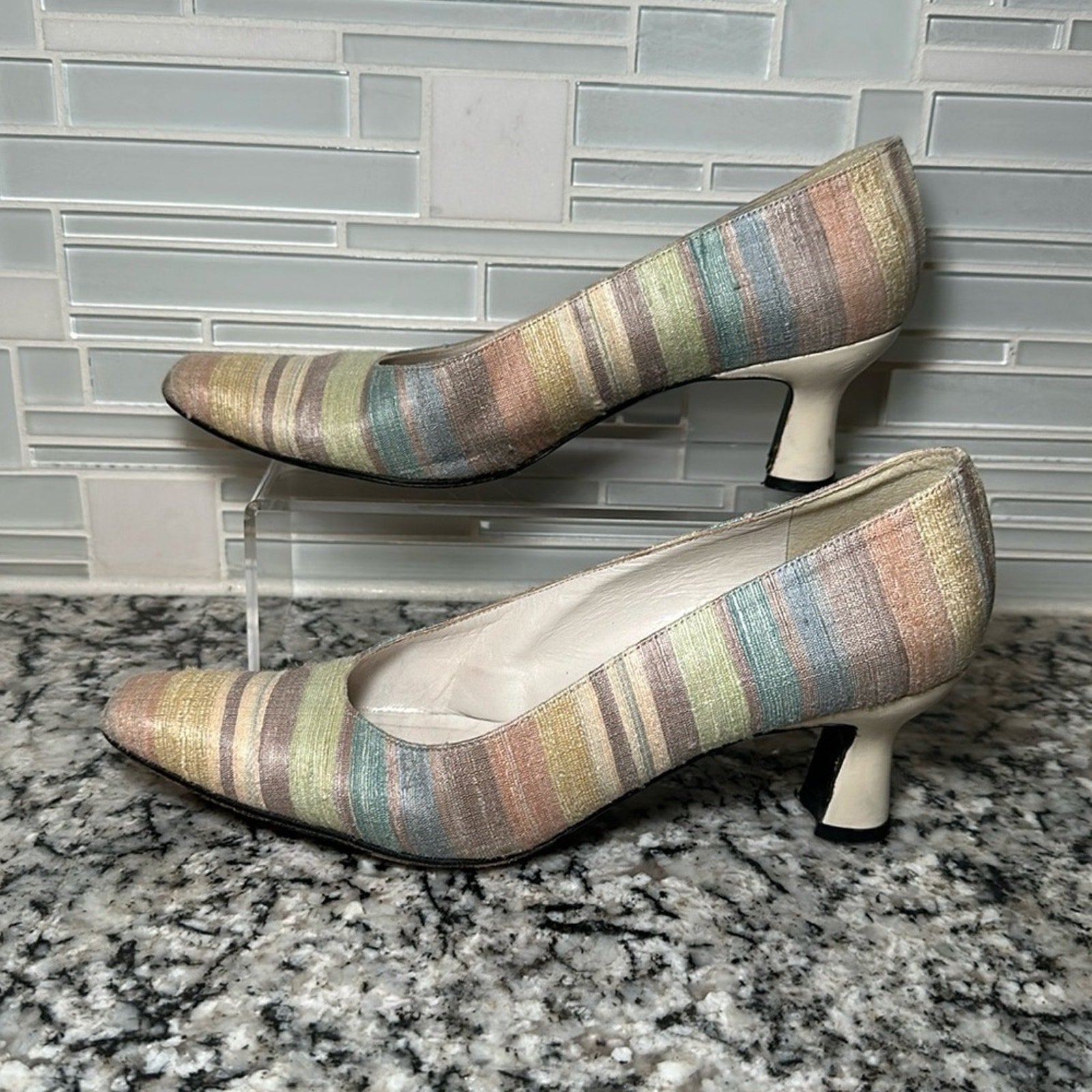 Stuart Weitzman Tweed Silk Pastel Rainbow Square Toe Vintage Heel - 7.5 AA