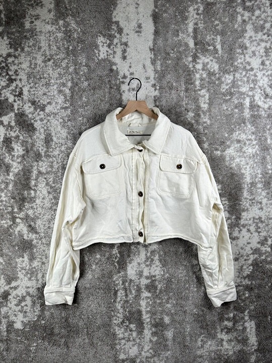 Free People Sweater Medium Women White Cropped Cut Off Button Fleece Soft Cotton