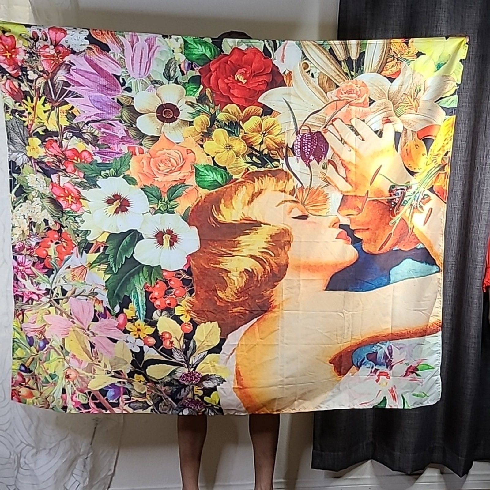 Wall Hanging Kissing Couple Colorful Floral Print Fabric Lightweight Boho Hippie
