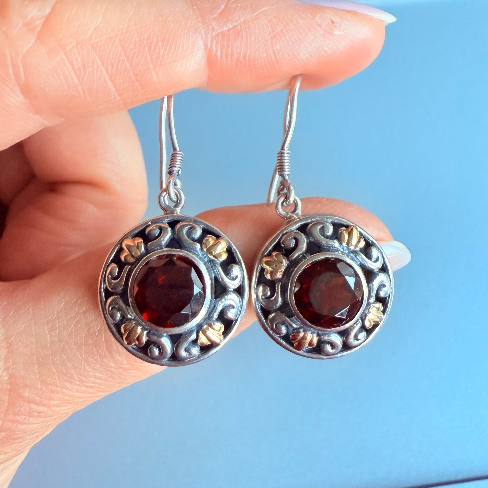 Designer 18K Gold & Sterling Silver Garnet Dangle Disc Scroll Earrings DS Signed
