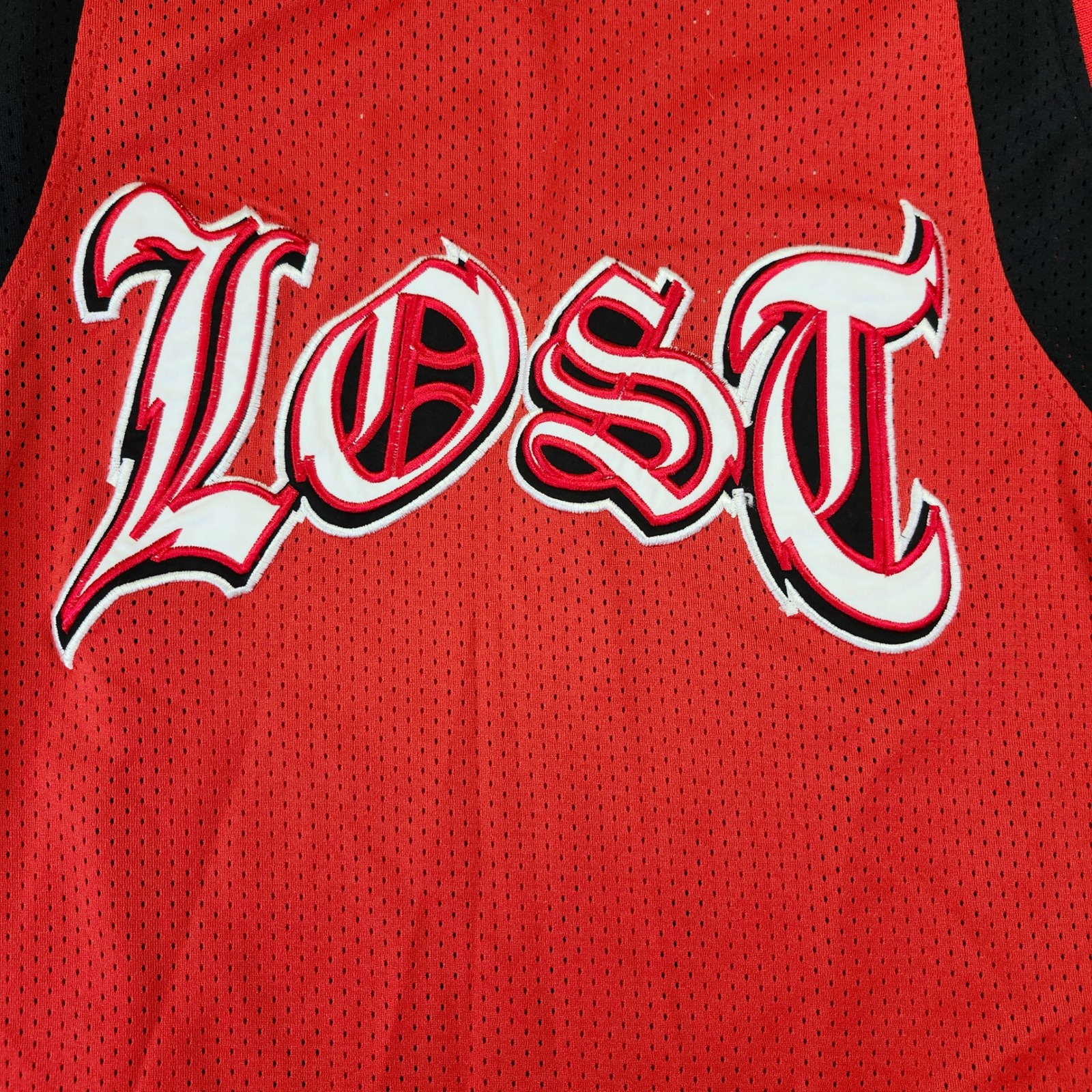 Vintage Lost Enterprises Jersey Mens L Red Black White Mesh Sleeveless Tank Top
