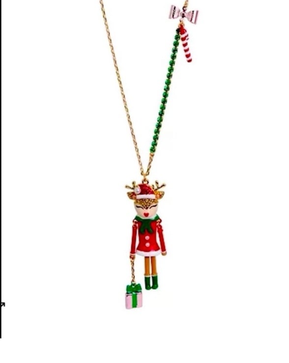Betsey Johnson Christmas Girl Reindeer with Present Long Necklace