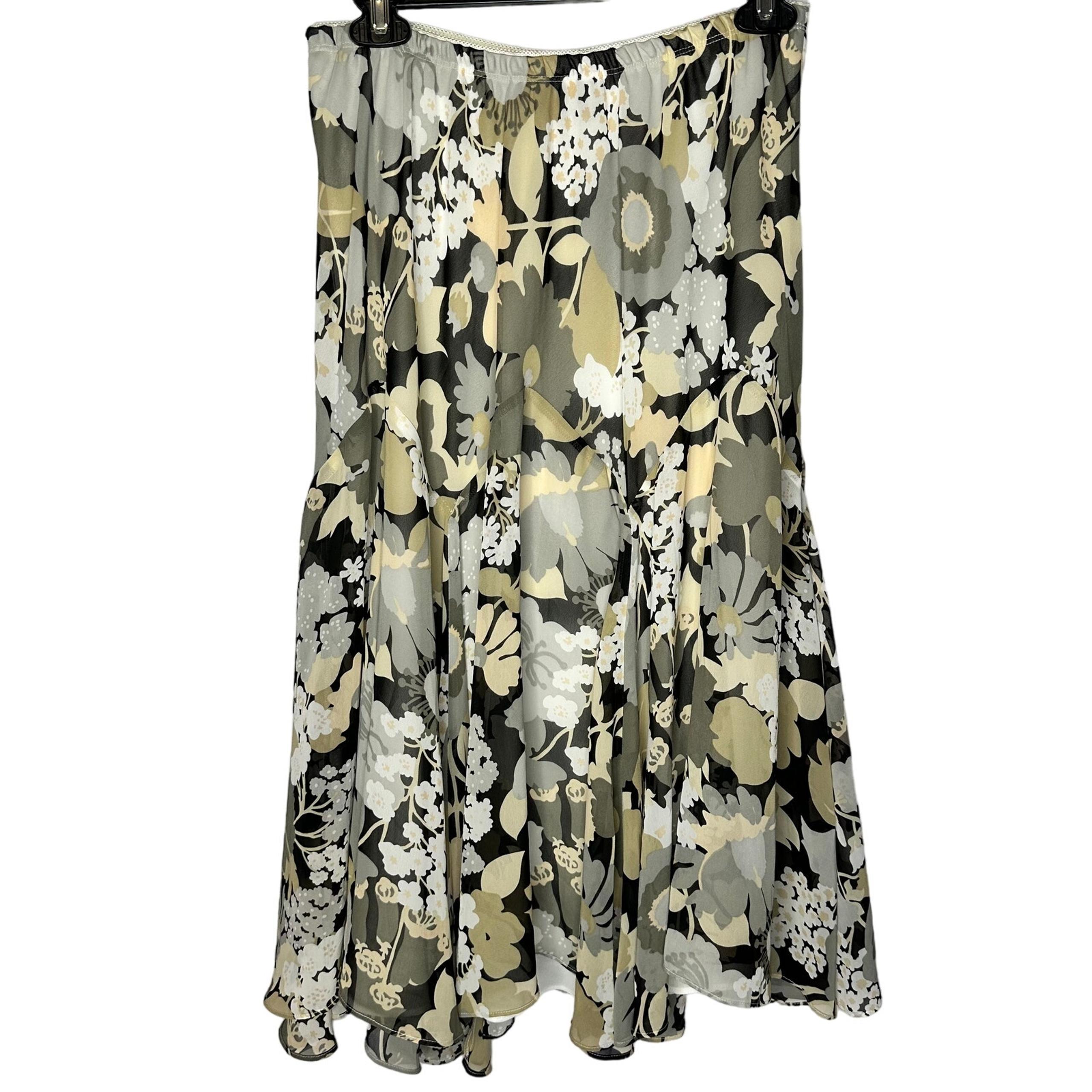 Bob Mackie Floral A-Line Soft Flowy Knee Length Gray Yellow Skirt Medium