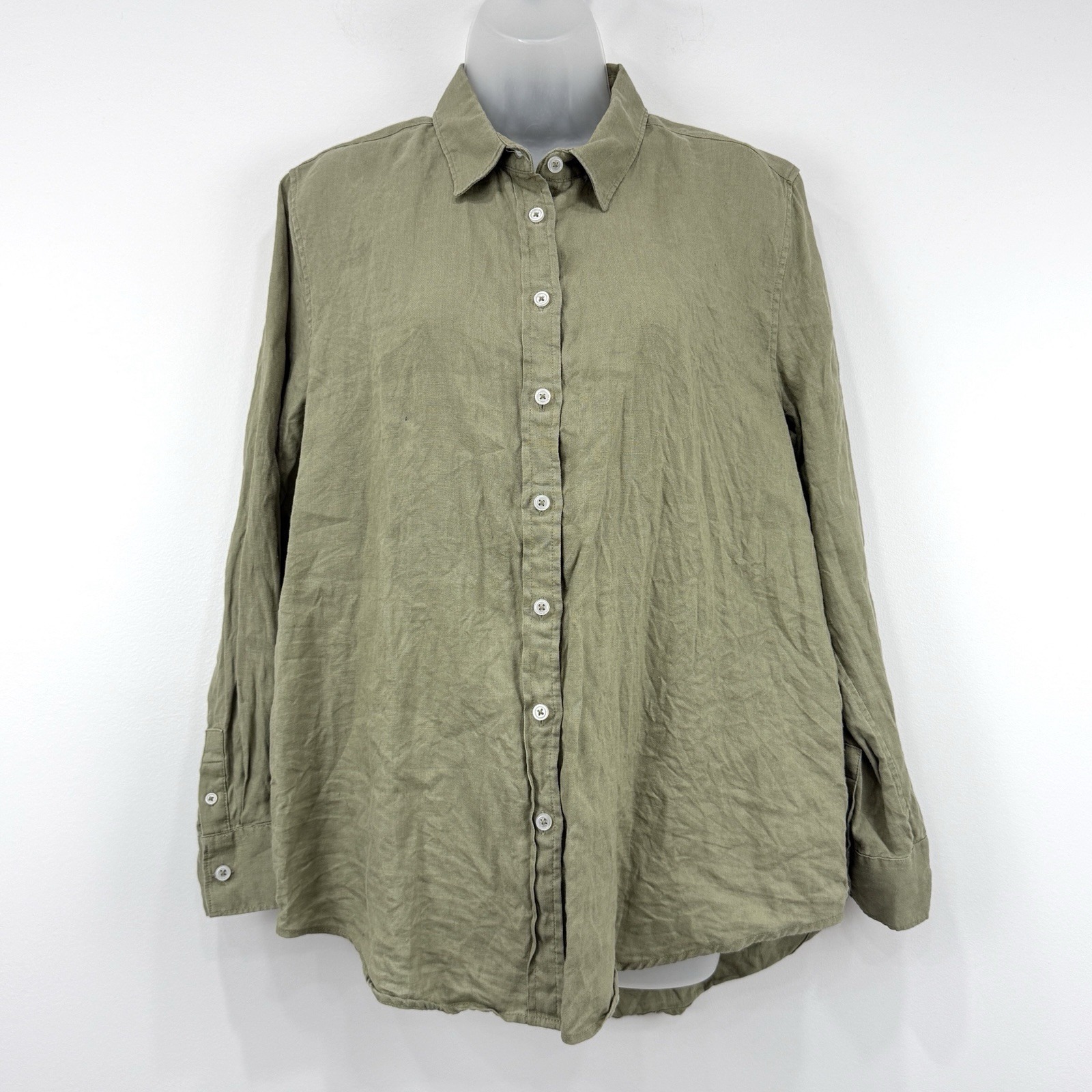 Quince Top Womens L Olive Green 100% European Linen Coastal Beachy Minimalist