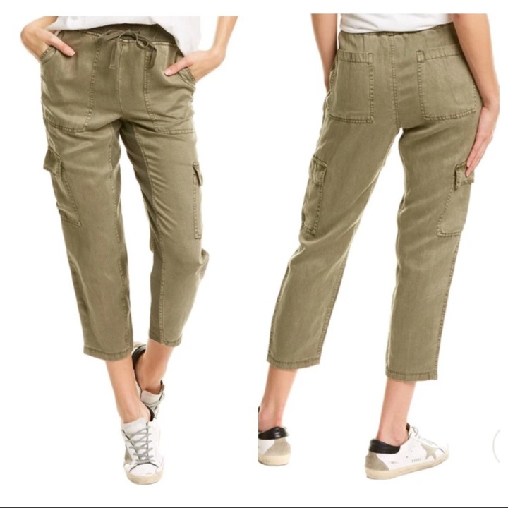 Monrow Linen Blend Cargo Jogger Pants Small Olive Green Cropped Drawstring