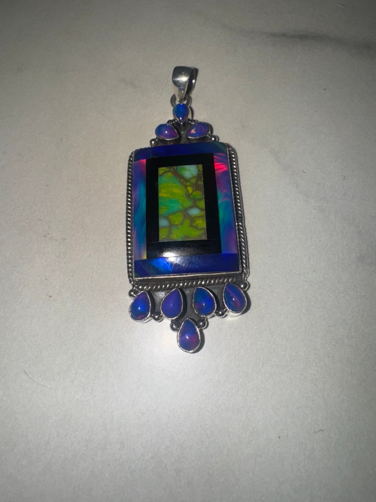 Sterling Silver Pendant with Lime Green Turquoise Inlay & Purple Opal Accents