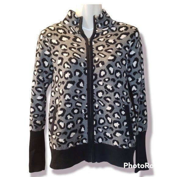 Rachel Zoe Full Zip Gray Leopard Cardigan sz xs